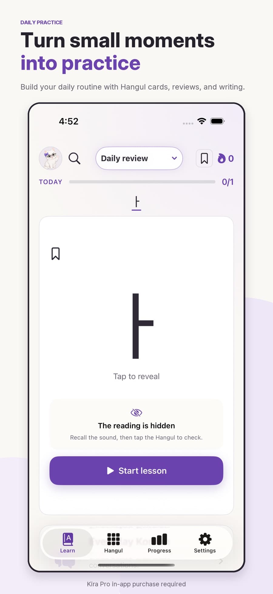 Kira daily Hangul lesson with the reading hidden for recall practice